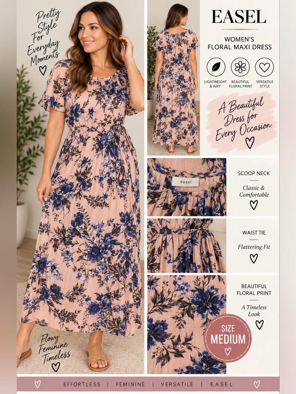 Easel Women's medium pink blue floral maxi dress #30